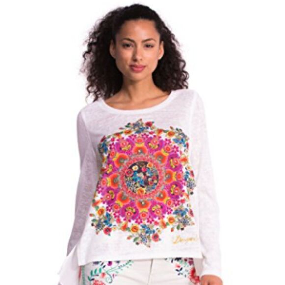 Desigual Prisca White L/S High Low Top, Colorful Mandala, Sheer Pleats, Sz 8 - Picture 1 of 13